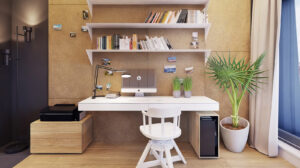 Home setup with organized and stylish desk, shelfs