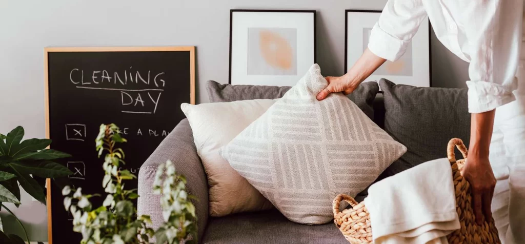 Lady put pillows on sofa and organize it if nice way